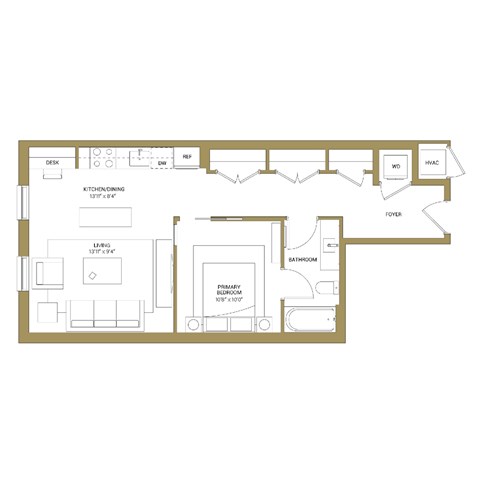A floor plan of a house with a living room, dining room, kitchen/dining area, bathroom, and primary bedroom.